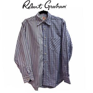 ROBERT Gtraham blue striped checkered dress shirt Sz M